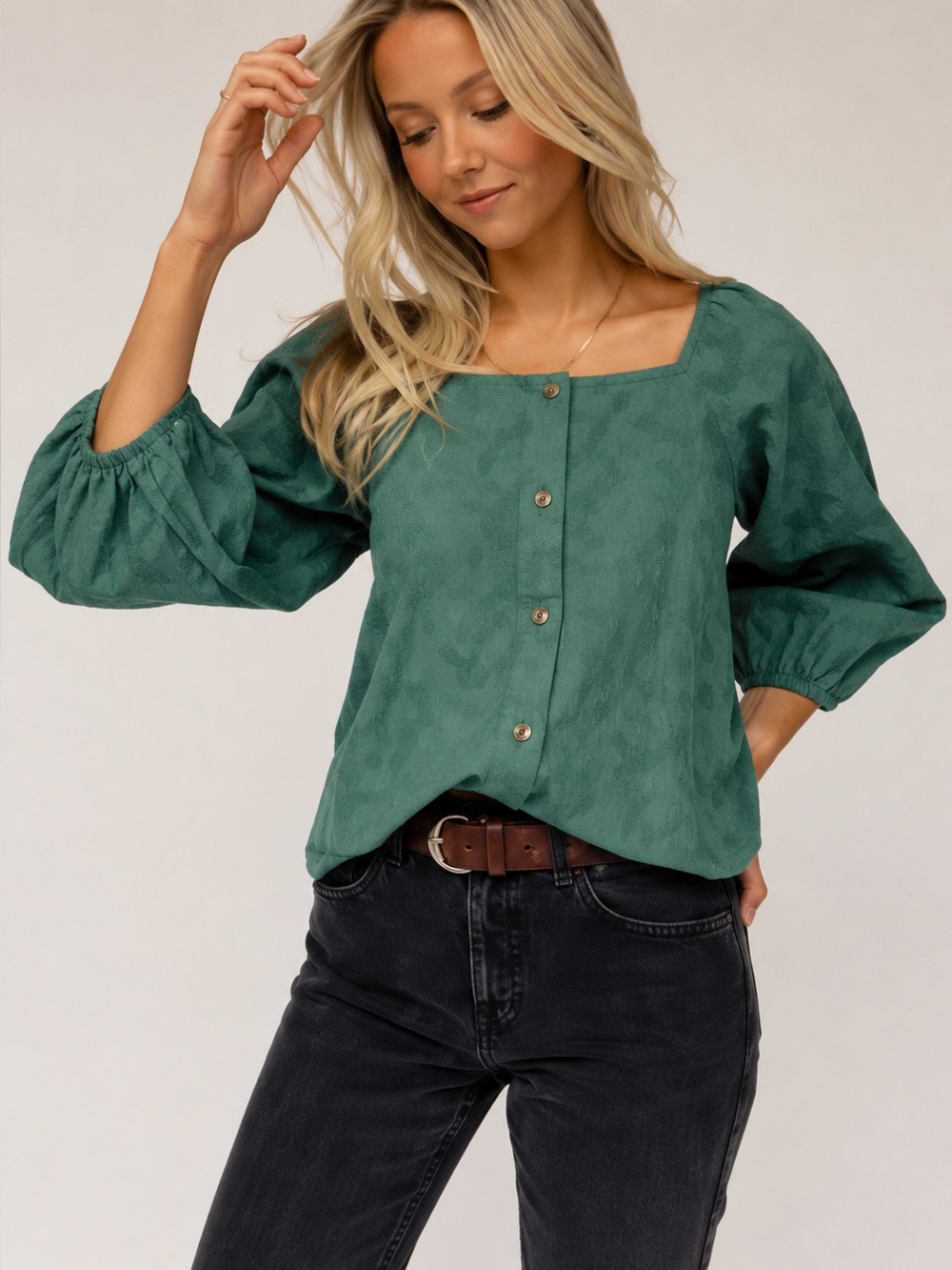Roolee Green Button-Up Puff Sleeve Blouse Top Square Neck NWT